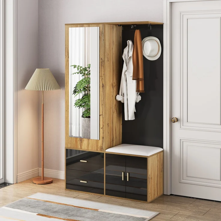 Faumrta Elegantes Kleiderschrankset in Schwarz und Holzfarbe mit Spiegel, Schuhschrank, Schuhbank mit Haken und ausziehbaren Kleiderbügeln. 100CM*38CM*180CMNaturalSpanplatte – Bild 8
