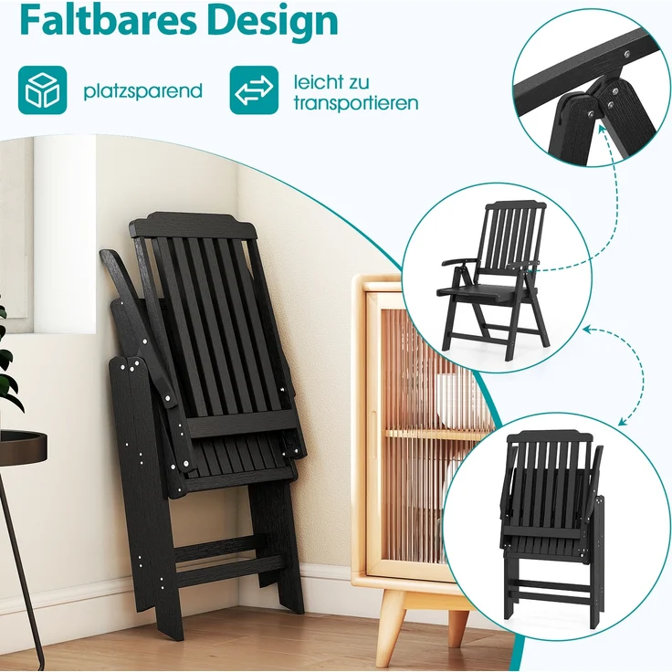 Gartenstuhl klappbar Hochlehner Klappstuhl aus Kunststoff wetterfester Balkonstuhl in Holzoptik Terrassenstuhl bis 150 kg belastbar Schwarz – Bild 3