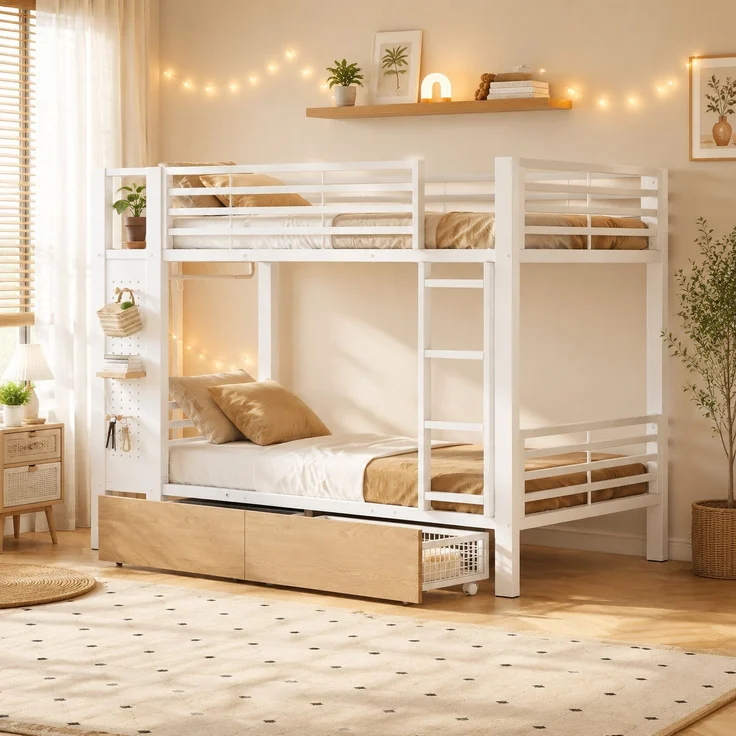 Etagenbett,,90x 200 cm,,Eisenrahmen,4 Schubladen, mehrere Ablageflächen,,mit LED-Lichtleiste,,mit Kleiderstange,Matratze nicht im Lieferumfang enthalten,EN747-zertifiziert,Weiß – Bild 4