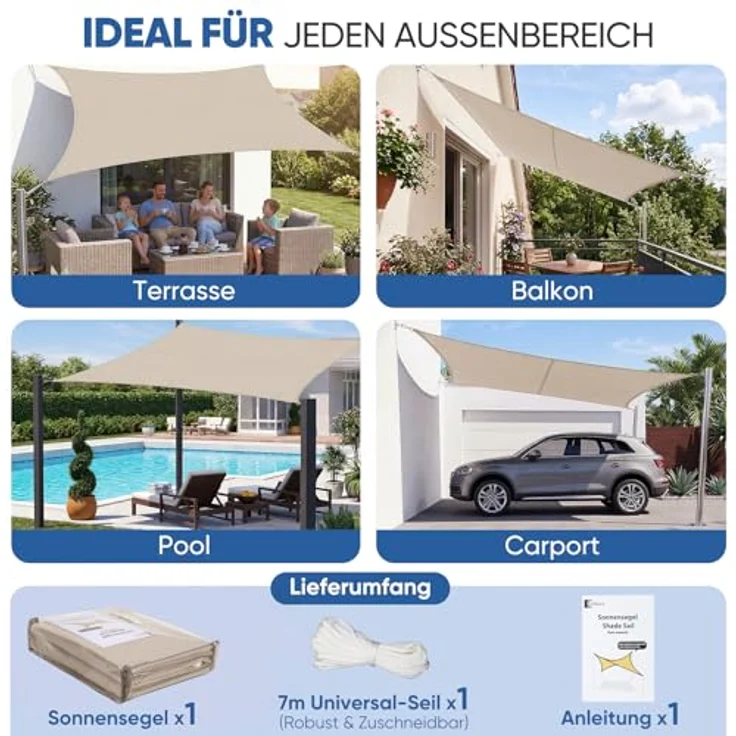Sunula Sonnensegel Wasserdicht 4x5 m Rechteckig – hochdichtes PES 160g/m², mit umlaufendem Gurtband & Edelstahl-Ringen, Nahtversiegelung & bis zu 95% UV-Schutz, für Balkon Terrasse Garten, Taupe – Bild 7