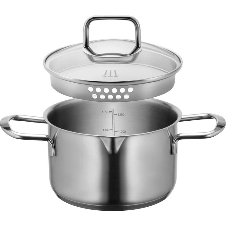 MÄSER Sanvito, Kochtopf 16 cm mit Glasdeckel und praktischem Ausgießer, kleiner Edelstahl Topf mit Siebdeckel und Literskala, geeignet für Induktion, Edelstahl 18/10 – Bild 1