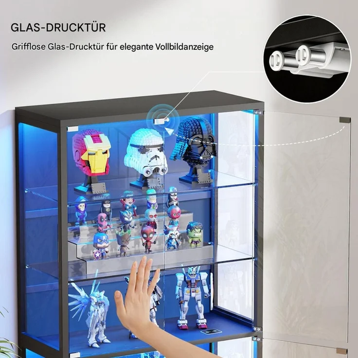 Glasvitrine 75x35x181 cm, 6-stöckige Vitrine mit LED-Beleuchtung, verstellbaren Glasböden und Sensor, Schwarz – Bild 6