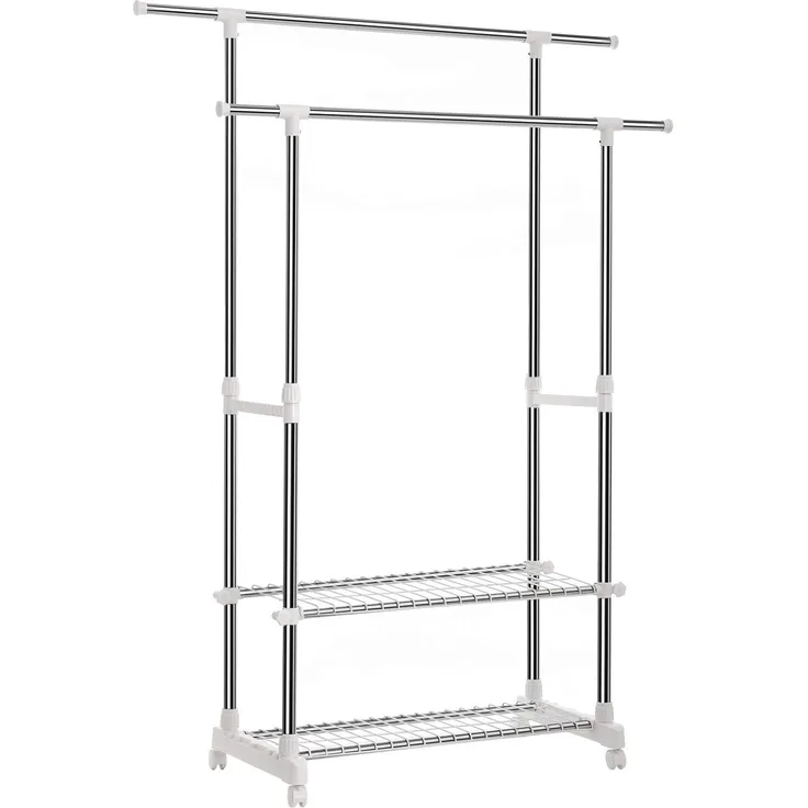 Songmics Kleiderständer mit 2 Kleiderstangen, Garderobenständer, ausziehbar, mit Ablagen, auf Rollen, Rohre mit Edelstahlbeschichtung, (90-154) x 42 x (95-172) cm, Weiß