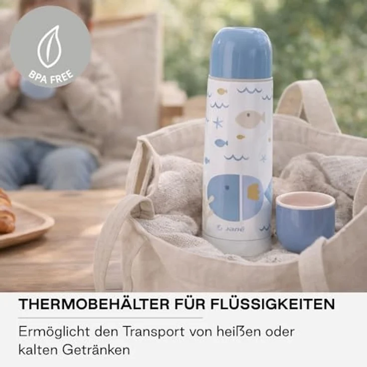 Jané Thermoskanne, 50 cl, breite Öffnung, Edelstahl, bis zu 10 Stunden, Becher, Blau – Bild 2
