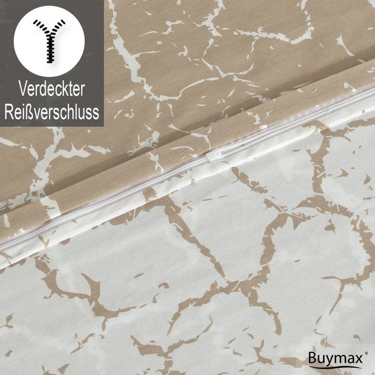Buymax Bettwäsche, Renforce: 100% Baumwolle, 3 teilig, 200x200 cm, mit Reißverschluss, Muster Marmor, Beige, Weiß – Bild 4