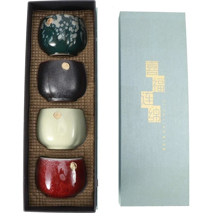 Japanische Keramik Teetassen Set Retro Kung-Fu Tee Sake Becher 4-teilig – Bild 9