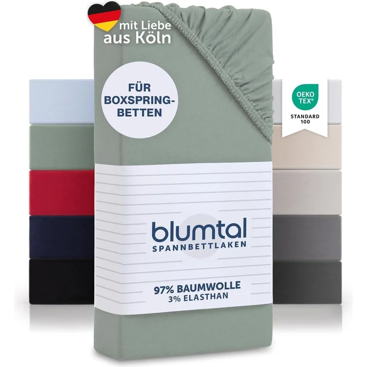 Blumtal Luxus Spannbettlaken 180x200 cm Boxspringbett 2er Set bis 40cm Höhe - Oeko-Tex Zertifizierte Baumwoll Bettlaken 180x200 Boxspringbett - Spannbettlaken 180x200 cm Baumwolle - Summer Green – Bild 1