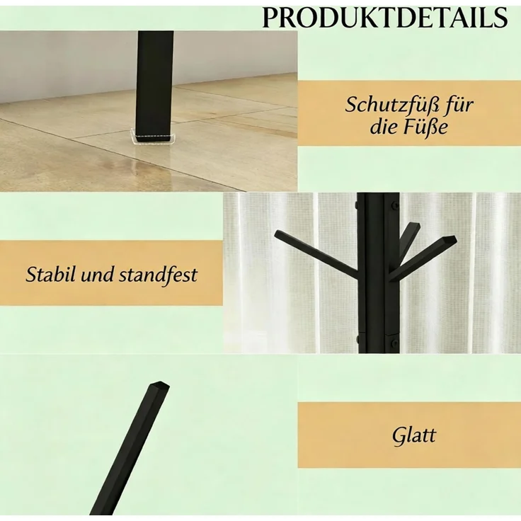 Garderobenständer 45x45x180 cm in Schwarz mit 9 Haken und MDF-Ablage – Bild 6