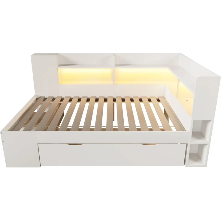 CHICFURN Bett aus Holzwerkstoff Weiß 90x200 cm mit LED-Beleuchtung, Stauraum und USB- und Type-C-Anschlüssen – Bild 9