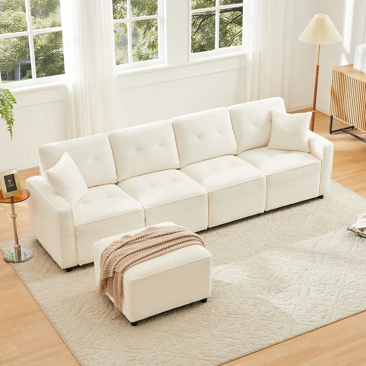 Merax 280cm Großes Sofa, 4-Sitzer Corduroy Sofa, mit Stauraum unter den Sitzflächen, inklusive eines frei platzierbaren Hockers, Beige