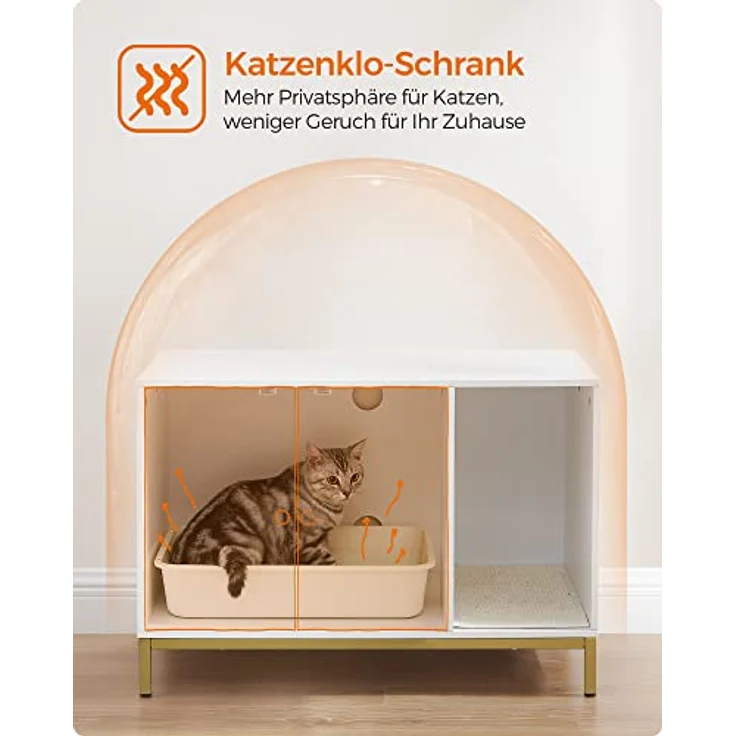 Feandrea Katzenklo-Schrank, Katzenhaus, Katzentoilette, mit Kratzmatte, hohe Beine, für Katzen, Beistelltisch, 80 x 50 x 55 cm, weiß-goldfarben PCL007W01 – Bild 5