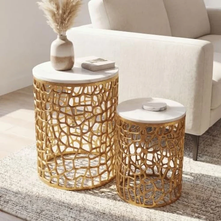 FINEBUY Satztisch FB117900 2er Set Couchtisch Gold Wohnzimmertisch Beistelltisch Marmor (Elegante Wohnzimmertische im schicken Zweierset), Weißer Naturstein kombiniert mit Metallgitter – Bild 2
