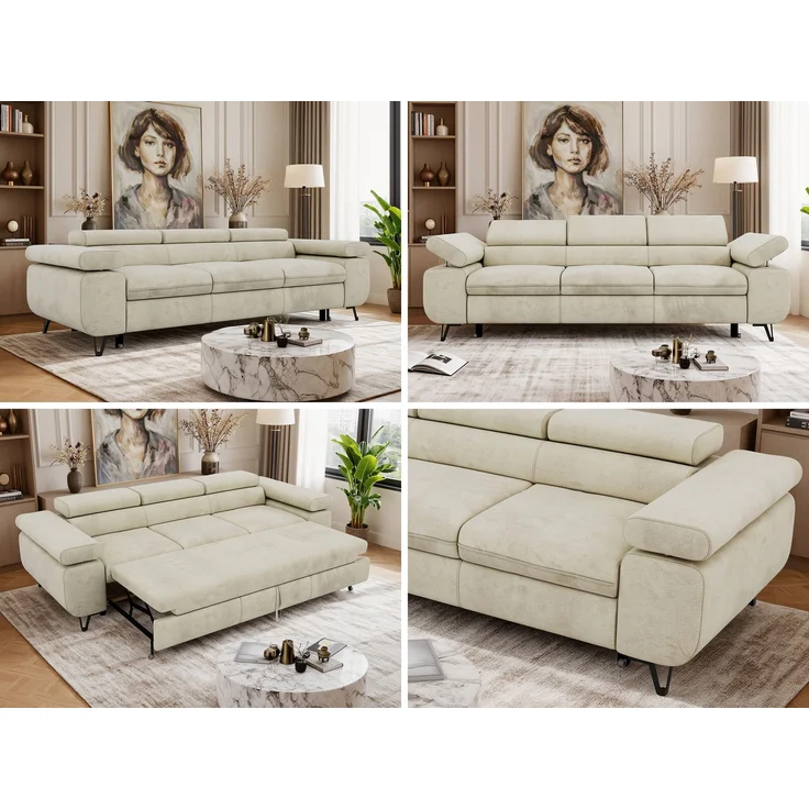 Polstersofa PETER, Sofa 3-Sitzer mit Schlaffunktion, verstellbaren Armlehnen und Kopfstütze, Gepolsterte Couch, Wellenfeder - Beige Velvet – Bild 2