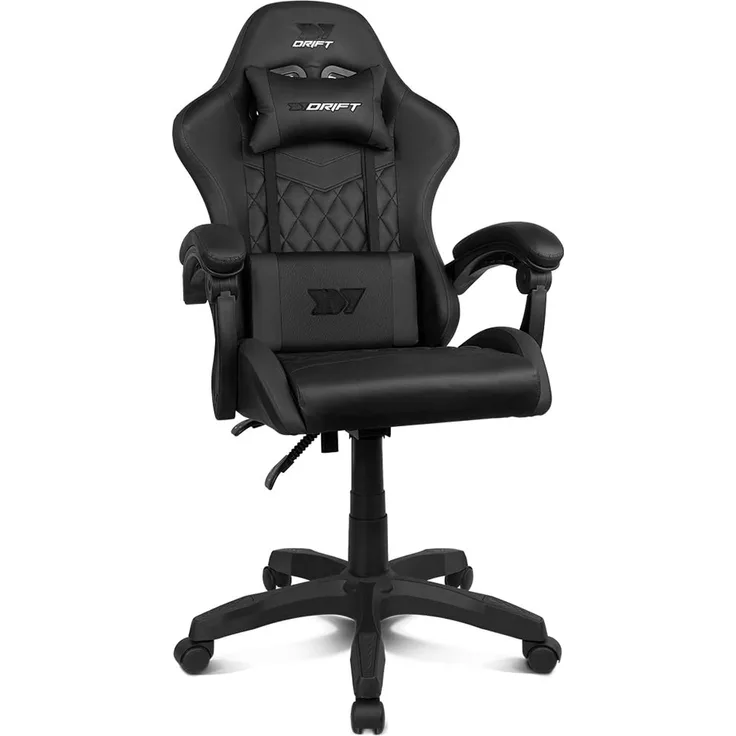DRIFT GAMING DR35 –Professioneller Stuhl, Kunstleder, gepolsterte Armlehnen, Kolben der Klasse 3, verstärkte Nylonbasis, neigbarer Sitz, höhenverstellbar, Lenden-/Halswirbelsäulenkissen, Schwarz