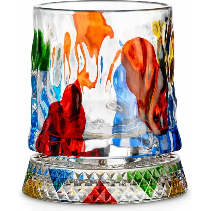 Handbemaltes Whiskyglas mit drehbarem Glasboden Mehrfarbig Handbemaltes Glas mit Baummuster 10,5 x 9,6 x 8 cm