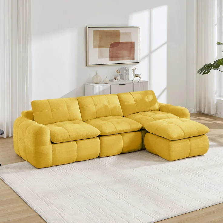 EINHOM 3‑sitziges L‑förmiges rahmenloses Modulsofa, hautfreundlicher weicher Chenille‑Bezug, 32D‑Hochdichtschaum‑Füllung, montagefrei mit 1 Ottoman für Wohnzimmer & Apartments, Gelb – Bild 4