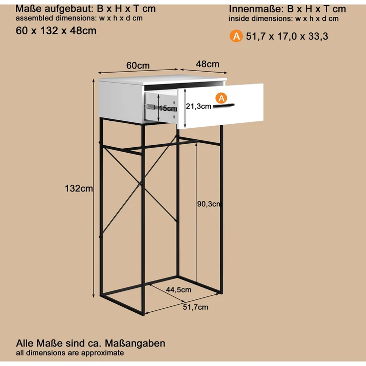 trendteam smart living - Strike - Beistelltisch - Weiß/Schwarz - Wohnzimmertisch auf robustem Metallgestell - (BxHxT) 60 x 132 x 48 cm - praktische Schublade – Bild 12