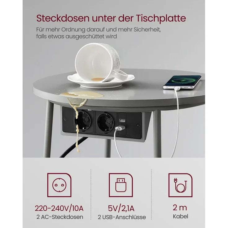 VASAGLE Beistelltisch mit Korb aus Stoff, Holzspanplatte, Ø 45x50 cm, Taubengrau / Schiefergrau, mit Ladestation – Bild 2