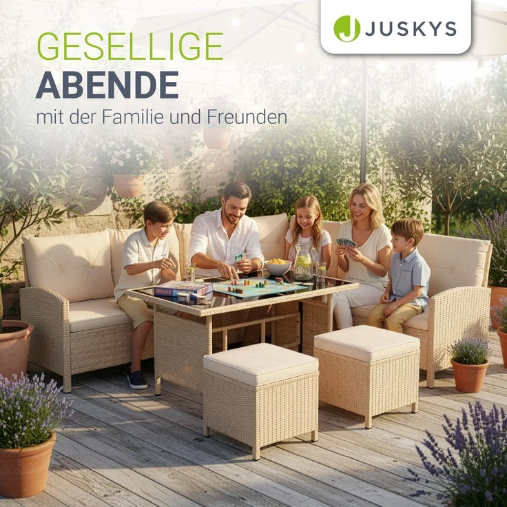 Juskys Polyrattan Lounge Manacor creme – Gartenlounge mit Sofa, Tisch, 2 Hocker & Kissen, inkl. Abdeckung – Gartenmöbel Set bis 8 Personen – Sitzbezüge in Sand – Bild 7