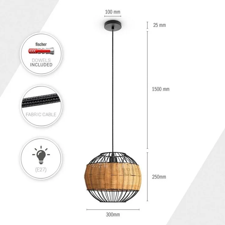 Paco Home Pendelleuchte PUGLO, ohne Leuchtmittel, Rattan Pendelleuchte Korb Lampe LED Rund Esstischlampe E27 Boho