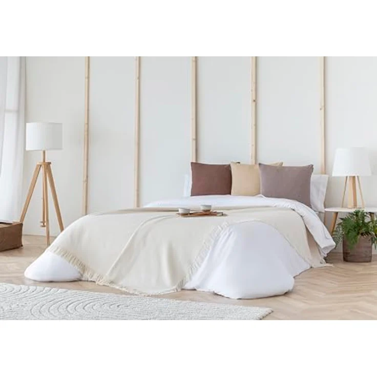 Todocama Mehrzweck-Tagesdecke, Tagesdecke, Überwurf für Bett, Sofaüberwurf, Jarapas, einfarbig (125x180 cm, cremefarben). – Bild 8