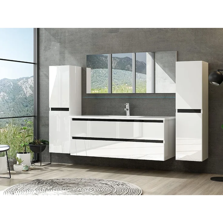 Homeline Badmöbel Set Hochglanz mit Schubladen Glas ablage (Dennis Weiss, 120 cm Einzelbecken 1x Hochschrank) – Bild 1