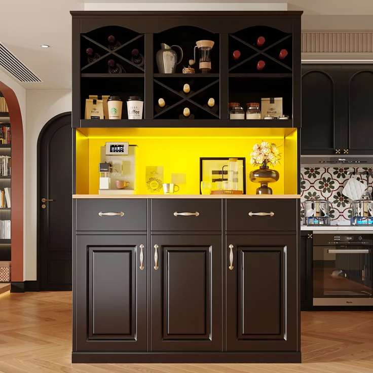 Buffet-Anrichte hoher Schrank mit 3 Türen, LED-Beleuchtung & Kippschutz in Schwarz, 120x40x180 cm