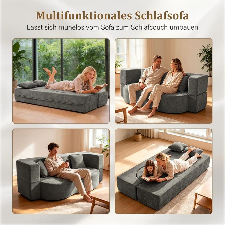Aoxun Faltbares 3-Sitzer Gästebett & Schlafsofa, 200 cm breites XXL Bett in Orange – Bequeme Klappcouch für Wohnzimmer, Schlafzimmer als Lounge oder Gästebett,Grau – Bild 4