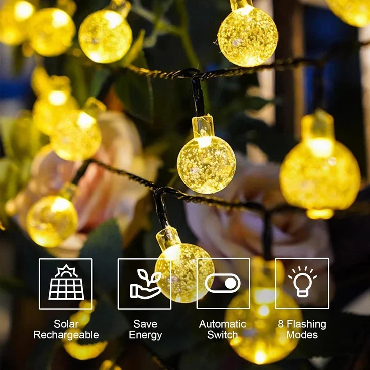 LQWELL® Solar Lichterkette Aussen 13M 60LED 8 Modi für Innen und Aussen Kettenlicht Kristall Kugeln IP44 Lichterkette Wasserdicht Garten Terrasse Balkon Hochzeit Party Fenster (Warmweiß) – Bild 2