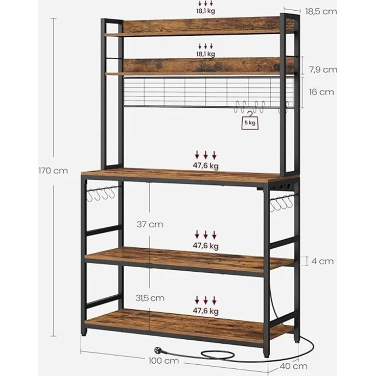 Vasagle Küchenregal mit Steckdosen und 14 Haken, Stahl vintagebraun-schwarz, 40 x 100 x 170 cm – Bild 5