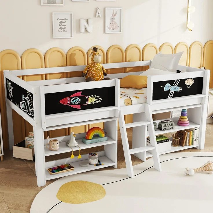 Kinder Halbhohes Bett 90x200 cm mit Aufbewahrungsfächern,Sicherheitsgeländer,stabile Leiter, Zeichentafel,multifunktionales Hochbett – Bild 2