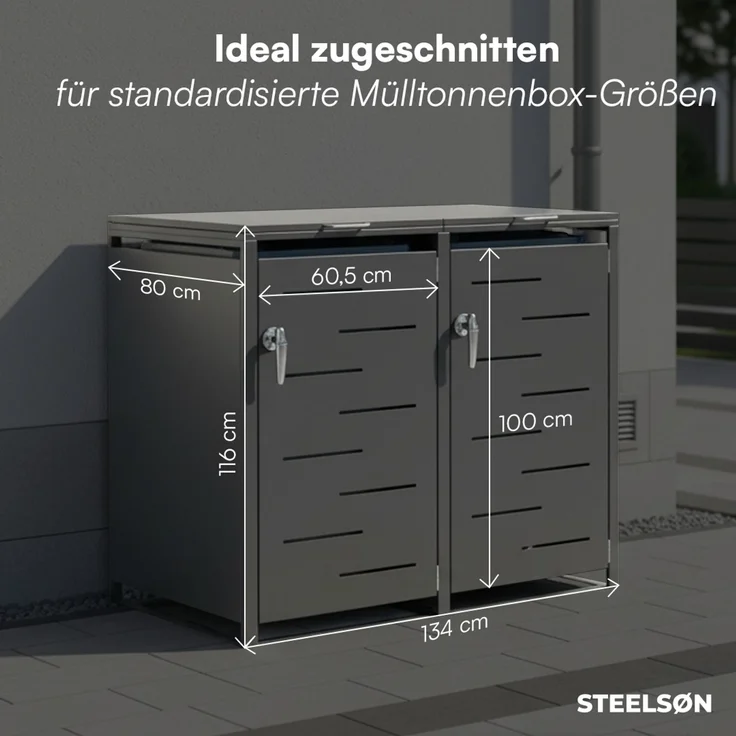 STEELSØN 'Diorus' Mülltonnenbox 2er je 240 Liter, graphitschwarz, Mülltonnenverkleidung aus Stahl mit Sichtstreifen, wetterfest, 116x80x134 cm, abschließbare Müllbox für 2 Tonnen – Bild 6