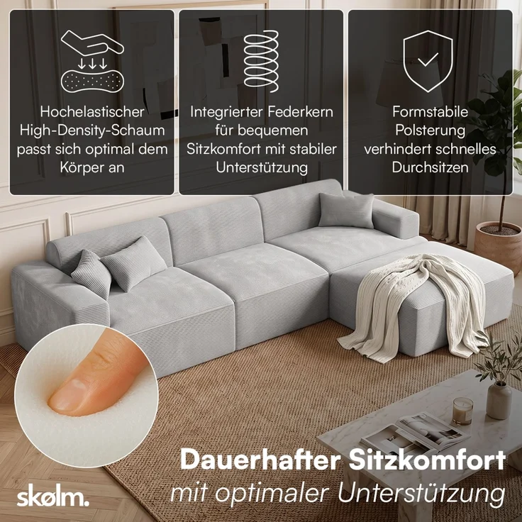 skølm 'Freki' Cloud Sofa 3 Sitzer mit Hocker, Vollschaumcouch mit Federkern und Vakuum-Kompression, kein Aufbau erforderlich, mit 3 Kissen, Cord grau – Bild 2