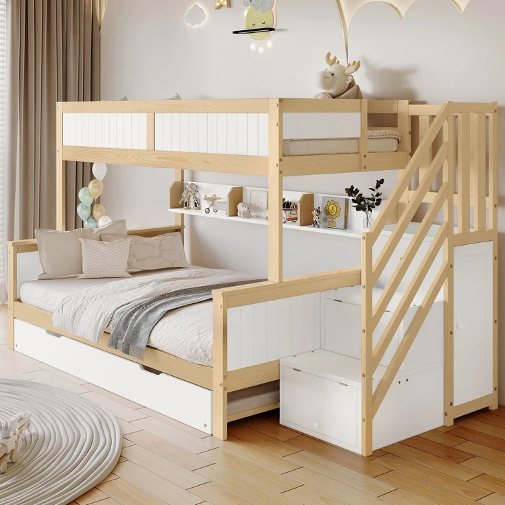 Merax 90x200&120*200cm Etagenbett, Kinderbett, mit Fallschutz und Gitter, Entworfen mit drei Bettpositionen, mit Rollbett, mit Kleiderschrank, Ecktreppe, Kiefer+MDF, Weiß+Natur – Bild 5