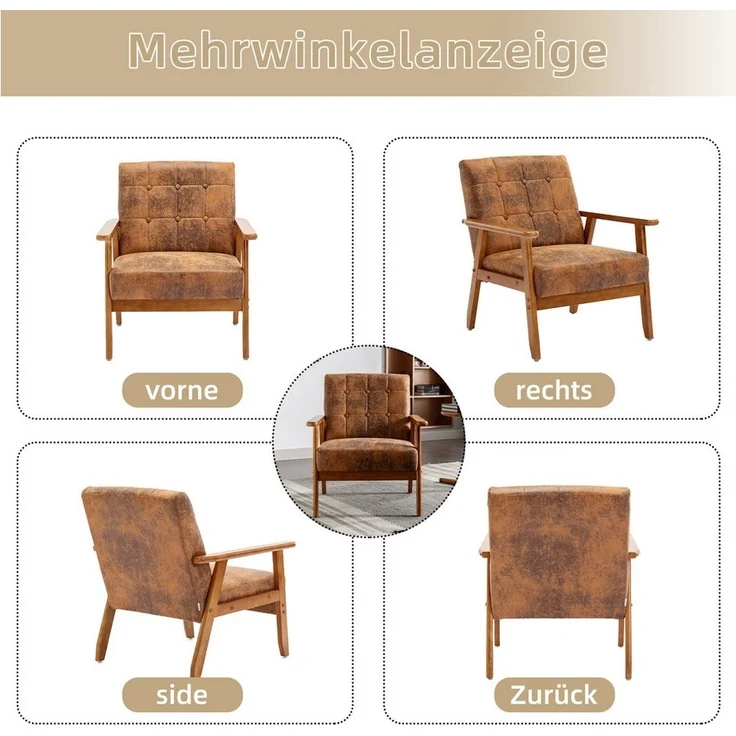 OKWISH Loungesessel Relaxsessel mit Massivholz-Armlehnen und -Füßen (Mid-Century Modern Akzentstuhl), für Wohnzimmer Schlafzimmer Studio-Stuhl – Bild 2
