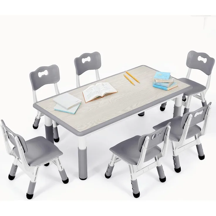 Clevich Kindertisch mit 6 Stühlen,Kinder Tisch Stuhl Set für Kindergarten und Kinderzimmer,Kindertischgruppe Höhenverstellbar,Plastik Kindermöbel,Sitzgruppe für Jungen Mädchen,Grau
