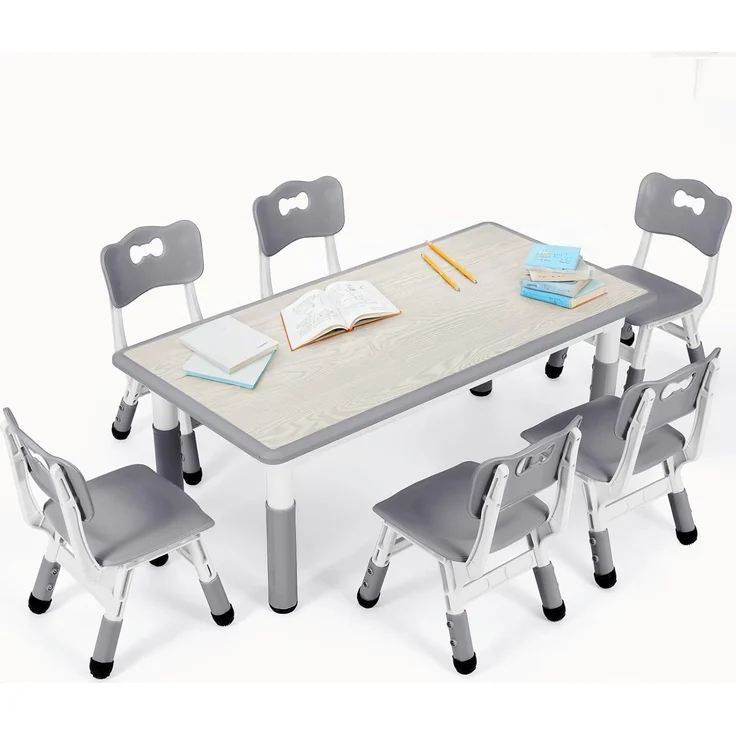 Clevich Kindertisch mit 6 Stühlen,Kinder Tisch Stuhl Set für Kindergarten und Kinderzimmer,Kindertischgruppe Höhenverstellbar,Plastik Kindermöbel,Sitzgruppe für Jungen Mädchen,Grau – Bild 1