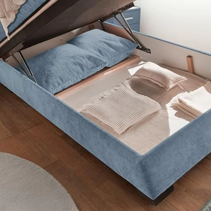 NAGOL B Boxbett 120x200, Denim - Bequemes Bett mit Bettkasten und Premium 9-Zonen-Federkern Wendematratze - 145 x 114 x 214 cm (B/H/T) – Bild 6