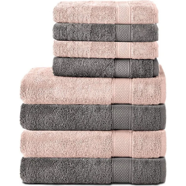 Komfortec 8er Handtuch Set aus 100% Baumwolle, 4 Badetücher 70x140 und 4 Handtücher 50x100 cm, Frottee, Weich, Towel, Groß, Anthrazit Grau/Blütenrosa – Bild 1