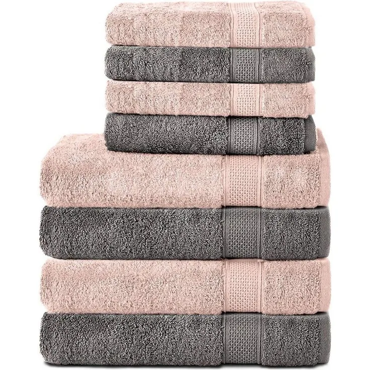 Komfortec 8er Handtuch Set aus 100% Baumwolle, 4 Badetücher 70x140 und 4 Handtücher 50x100 cm, Frottee, Weich, Towel, Groß, Anthrazit Grau/Blütenrosa