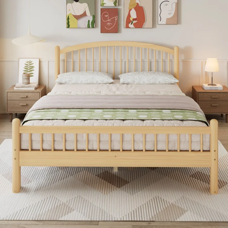 CHICFURN Bett aus Kiefernholz Beige/Natur 140x200 cm mit Lattenrost und Gitterkopfteil – Bild 2