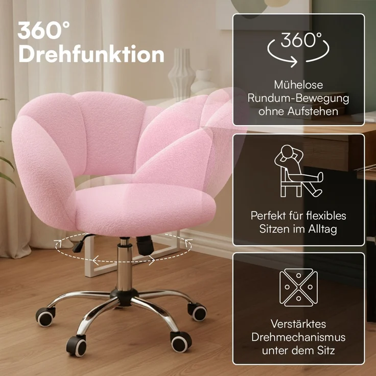 Bellamio 'Meli' Wolkenstuhl, rosa, Teddy-Bouclé Stoff, höhenverstellbar & drehbar, bis 140 kg, Schmink- & Schreibtischstuhl mit Rollen – Bild 2