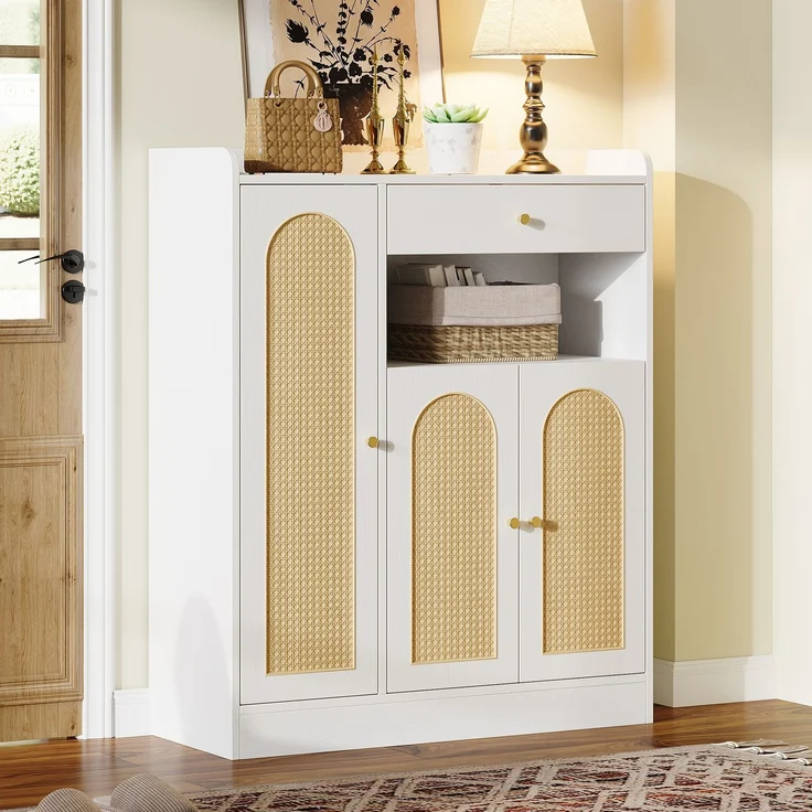 Rattan Schuhschrank / Aufbewahrungsschrank mit Stauraum, 1 Schublade, 3 Türen mit verstellbaren Regalen, für Eingangsbereich, Esszimmer und Flur, Weiß + Holz, Maße: 90 x 35 x 110 cm--Weiß+Natur--90x35x110cm--YOUDENOVA – Bild 2