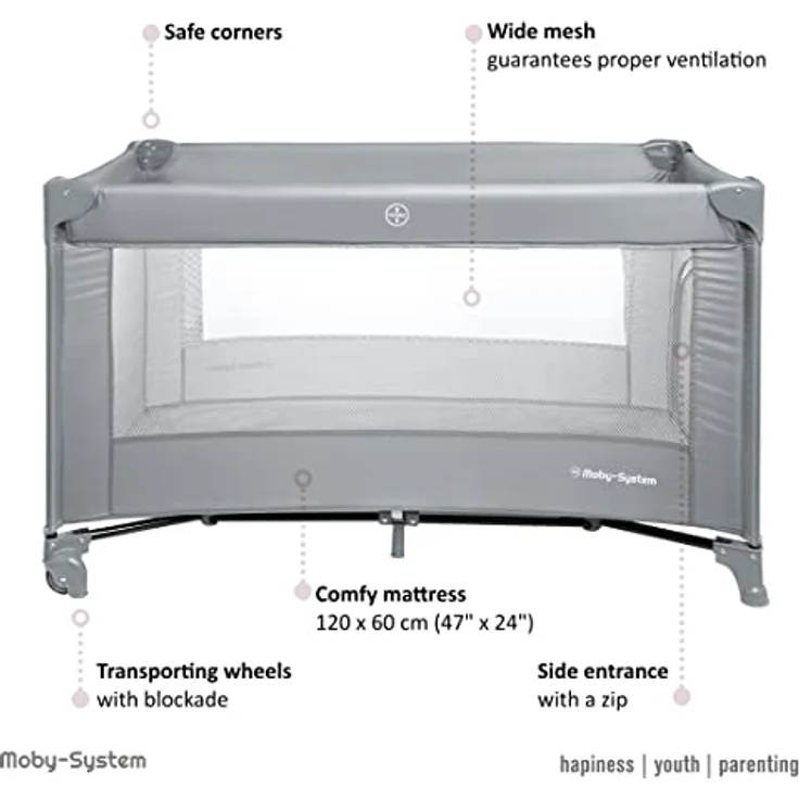 Moby-System Baby Reisebett 128x68 cm, faltbar mit Matratze & Tragetasche, 2-fach höhenverstellbar, grau – Bild 2