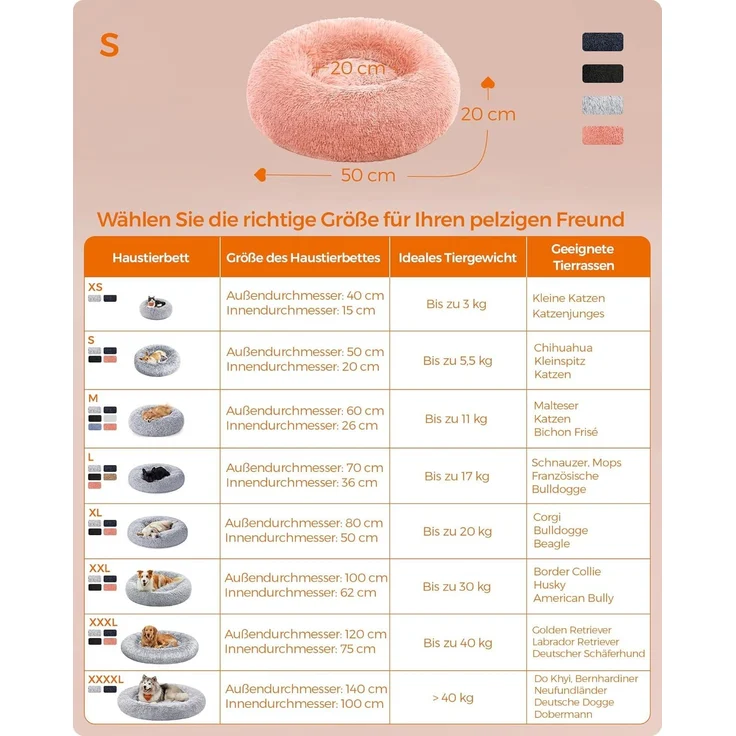 Feandrea Hundebett flauschig, Katzenbett, Donut Kissen, waschbar, Polsterung in der Mitte herausnehmbar, Langer Plüsch, 50 cm Durchmesser, rosa PGW037R01 – Bild 6