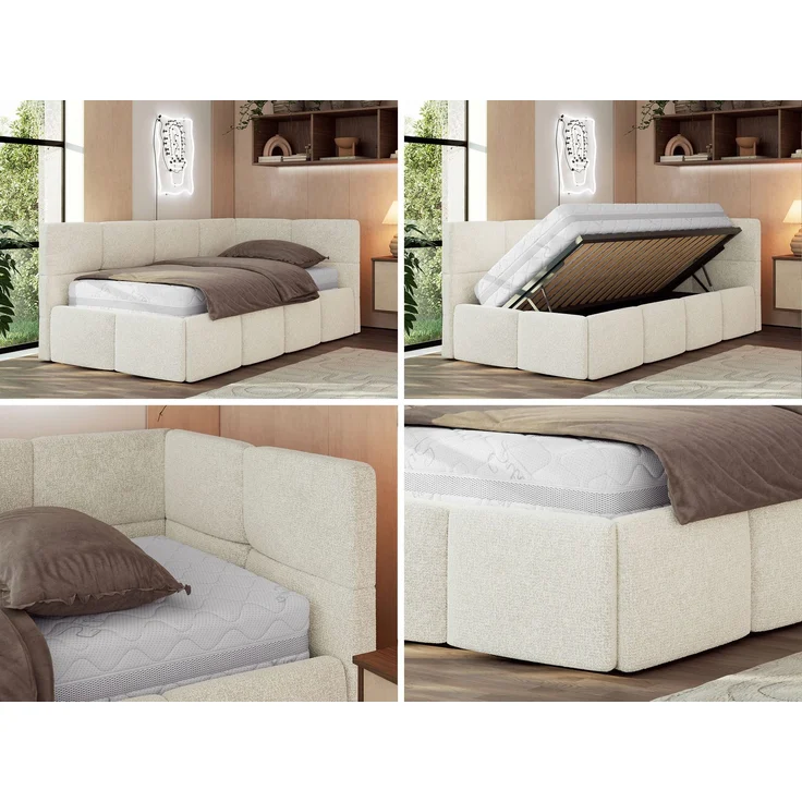 Jugendbett 90x200 ARVO Polsterbett mit Bettkasten, Stauraum & Gasdruckfeder, Modernes Design mit Kopfteil, Foam Matratze - Creme Strukture - MIRO LUX - Rechts Seite – Bild 2