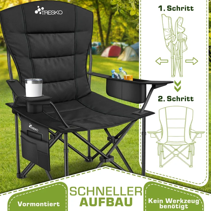 TRESKO® Campingstuhl Faltbar bis 200kg | Faltstuhl mit Kühltasche, Getränkehalter & Seitentasche | Klappstuhl XXL inkl. Tragetasche | Angelstuhl gepolstert für Outdoor, Angeln, Festival & Garten – Bild 3