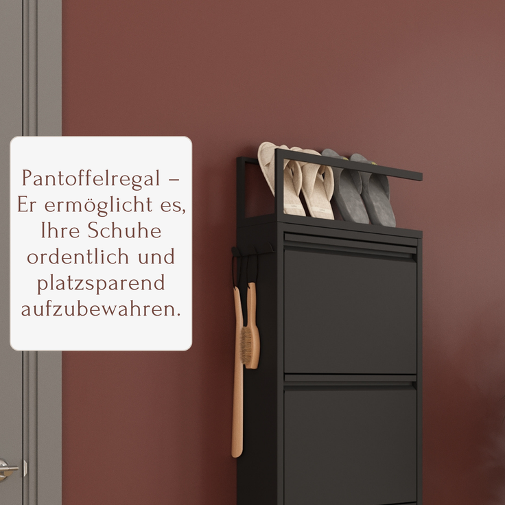 Schuhkipper mit Zubehör, Schwarz, 4 Klappen 52x15x151 cm, Pantoffelregal, Hakenleiste – Bild 2