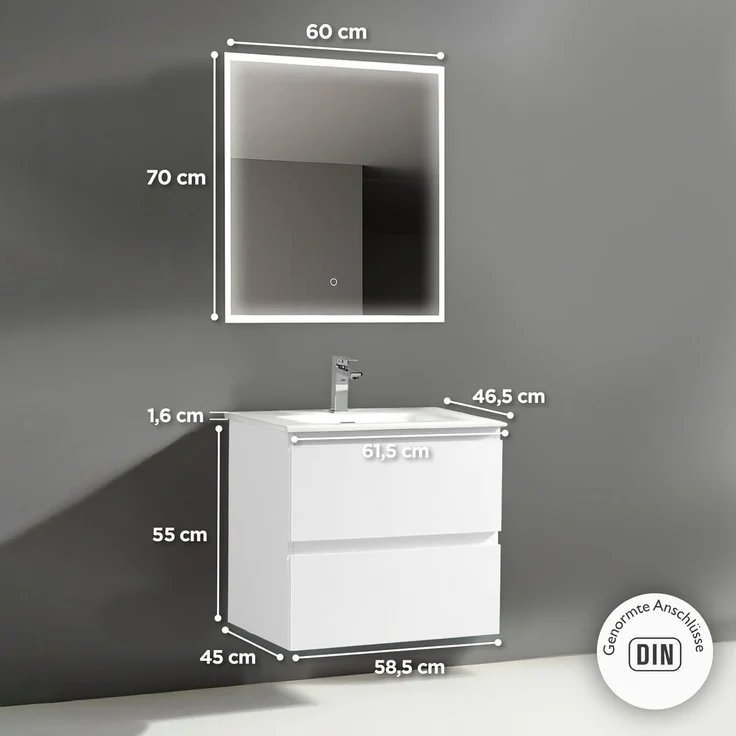 Alpenberger Badmöbel-Set - Badschrank Badezimmerschrank, (Led Spiegel Bad, Badezimmerspiegel mit Beleuchtung), mit Waschbecken - Waschtisch mit Unterschrank 60 cm Breit – Bild 7