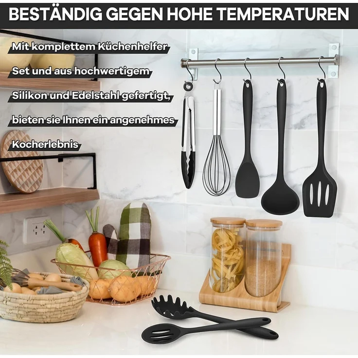 Homikit 7tlg. Schwarz Silikon Küchenhelfer Set Antihaft Hitzebeständig – Bild 4